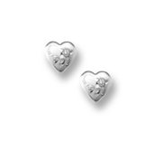 14K  White Gold Child s  Heart   with Flower Hand Engraved Earrings