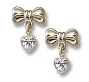 14K Yellow Gold Children s  Bow  CZ Heart Dangle Earrings 