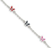 Sterling Silver Childrens Enameled Butterfly Charm Link Bracelet