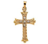 14K Yellow Gold Hollow Cross Pendant w  Diamond Accents