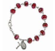 Silver tone Handpainted Red Beads Rosary Bracelet