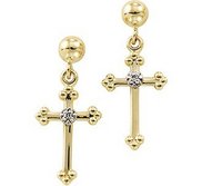 14K Yellow Gold Cross Earrings with Genuine Diamond