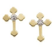 14K Yellow Gold Cross Earrings with Genuine Diamond