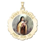 Saint Theresa Scalloped Round Religious Medal  Color EXCLUSIVE 