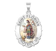 Saint Florian Scalloped Oval Religious Medal   Color EXCLUSIVE 