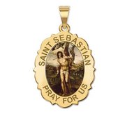 Saint Sebastian   Scalloped  Oval Religious Medal  Color EXCLUSIVE 