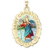 Saint Christopher Scalloped OVAL Religious Medal   Color EXCLUSIVE 