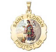 Saint Florian Scalloped Round Religious Medal   Color EXCLUSIVE 