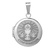 14k White Gold Round Confirmation  Chalice and  Angels  Locket