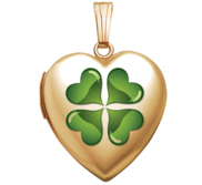 14K Yellow Gold  Sweetheart  4 Leaf Clover w  Green Enamel Locket