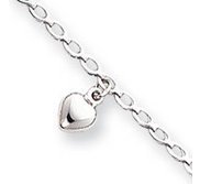 14k White Gold Polished White Puffed Hearts Anklet