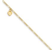 14k Polished Figaro Link with Dangling Heart Anklet