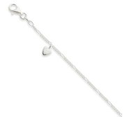 Sterling Silver Polished Dangling Hearts on Figaro Anklet