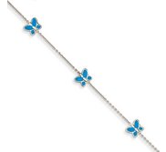 14k White Gold Polished Blue Enameled Butterflies Anklet