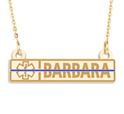 Personalized EMT Name Bar Pendant with Blue Enamel and 18  Chain