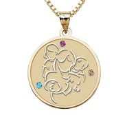 Mother with Daughter and Two Sons   with Birthstones Round Pendant