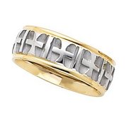 14k Two Tone 7mm Design Etched  Crosses  Wedding Band